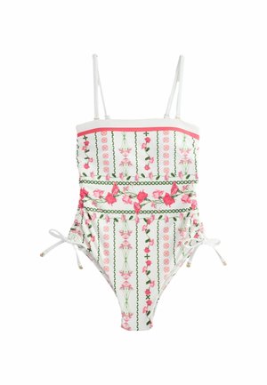 Witte zwemkleding met een bloemenpatroon in roze en groen. Voorzien van verstelbare bandjes, zijstrikjes en geplooide details langs de zijkanten.