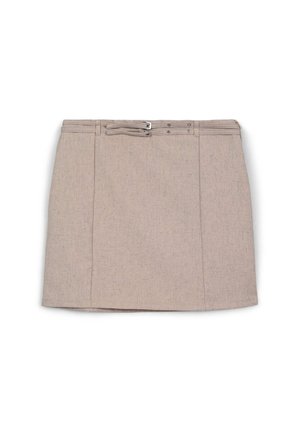 Jupe beige en tissu texturé, dotée d'une ceinture avec deux boutons argentés et d'un détail de lien à l'avant. Design à coupe droite.