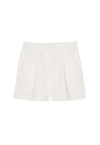 White pleated shorts made of cotton, featuring a smooth texture, front pockets, and a straight cut with hemmed edges.