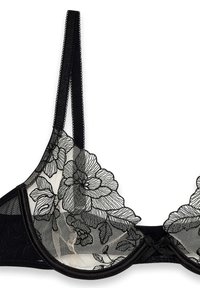 Sort blonde bh med blomsterbroderi på gennemsigtigt stof, med bøjler til støtte og justerbare stropper med scalloperede kanter.