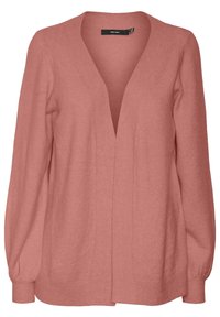 Růžový kardigan s hlubokým výstřihem do V, dlouhými nafouklými rukávy a žebrovanými manžetami. Vyrobený z měkké, strukturované látky s volným střihem.