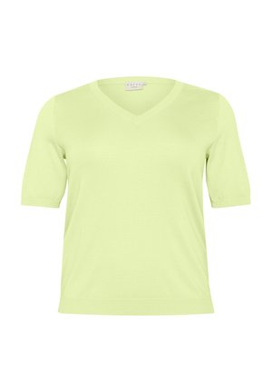 Maglione corto a maniche corte verde chiaro con scollo a V in un morbido tessuto a costine. Presenta una sottile trama e un design pulito e semplice.