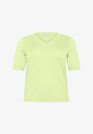 Pulover scurt cu mânecă scurtă, de culoare verde deschis, cu decolteu în V, confecționat dintr-un material knit neted, cu un model texturat subtil și un design curat, simplu.