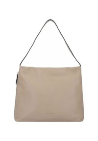 Lichtbeige synthetische schoudertas met een gladde textuur, gebogen schouderriem, ritssluiting aan de zijkant en een subtiele merklijn op de voorkant.