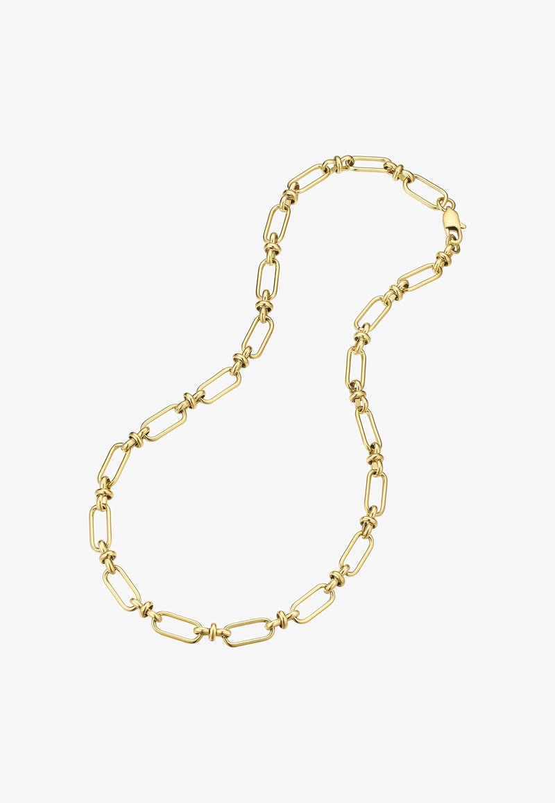Guld halskæde med forlængede rektangulære led forbundet af små runde ringe og en lobster clasp-lukning på hvid baggrund.