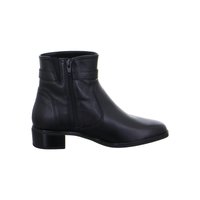 Black leather ankle boot with side zipper and low block heel, displayed in profile facing right on white background.