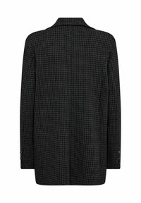 Schwarze und graue gemusterte Blazerjacke mit Reverskragen, langen Ärmeln und drei Knopfakzenten an den Manschetten. Der Stoff hat eine glatte Textur.