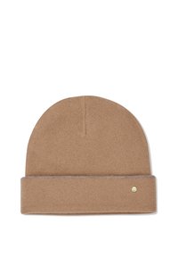 Bonnet en tricot marron avec un revers, mettant en avant un subtil accent doré. Texture douce, sommet arrondi et coutures uniformes.