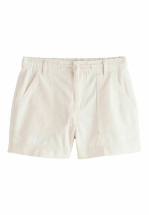 Hellbeige Baumwollshorts mit aufgesetzten Fronttaschen, Gürtelschlaufen und vorderer Kordelzugverschluss.