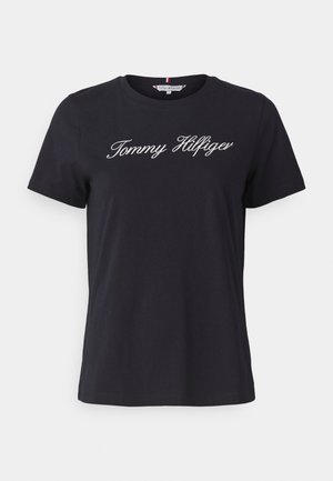 Black cotton t-shirt featuring short sleeves and a crew neckline. The front displays a white embroidered "Tommy Hilfiger" logo.
