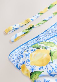 Tessuto con motivo blu e bianco con limoni gialli e foglie verdi, con due spalline regolabili con cursori color oro.