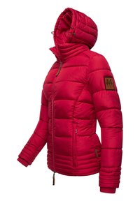 Red puffer jacket with a hood, featuring quilted design, front zipper, side pockets, and brown leather accent on the sleeve.