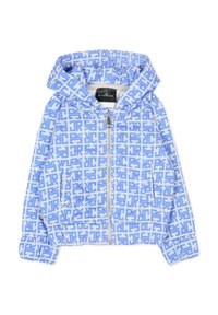 Gevoerd jack met rits in lichtblauwe stof met een wit geometrisch logo patroon. Heeft voorzakken en elastische manchetten voor een goede pasvorm.