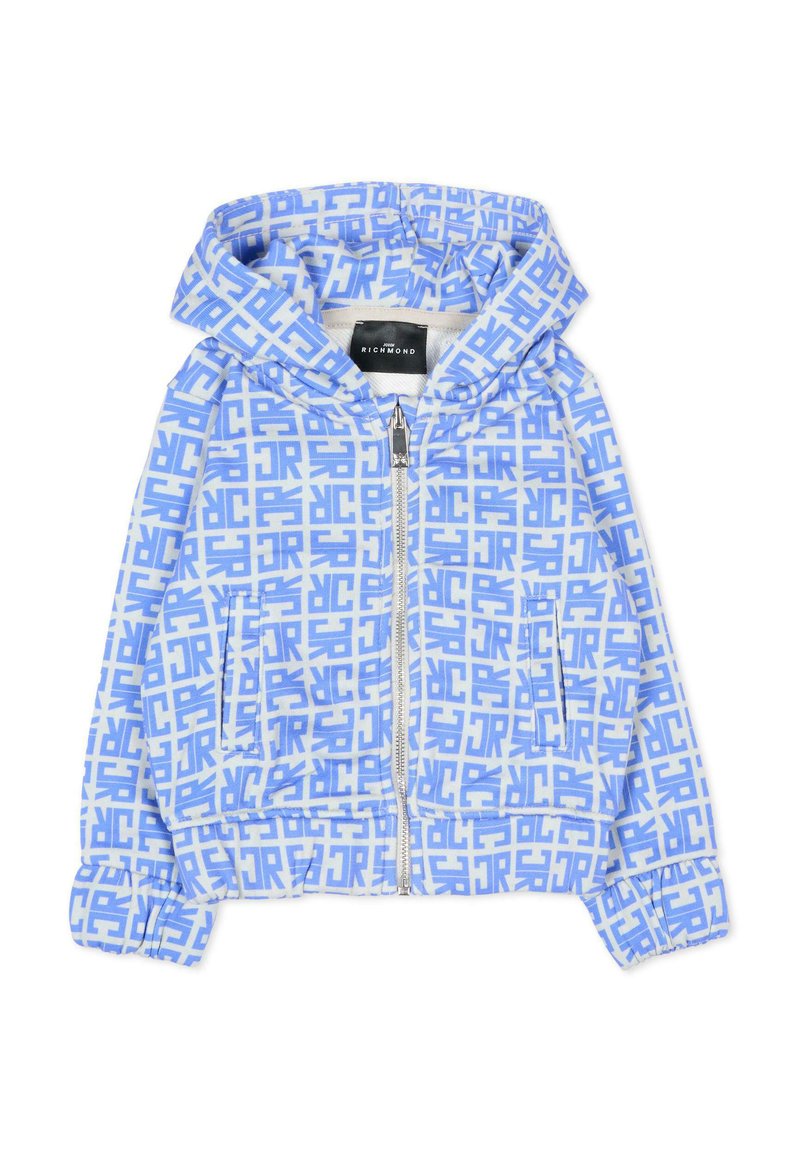 Gevoerd jack met rits in lichtblauwe stof met een wit geometrisch logo patroon. Heeft voorzakken en elastische manchetten voor een goede pasvorm.