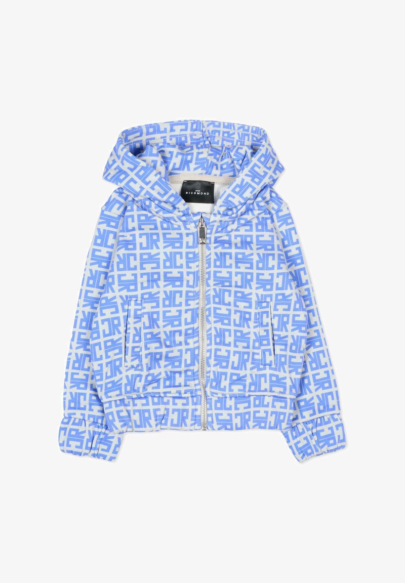 Veste à capuche zippée en tissu bleu clair avec un motif géométrique blanc. Dispose de poches avant et de poignets élastiques pour un ajustement confortable.