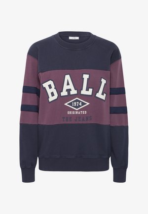 Pamutból készült pulóver, navy és burgundi vízszintes csíkokkal, nagy fehér felirattal "BALL 1974" és bordás mandzsettával.