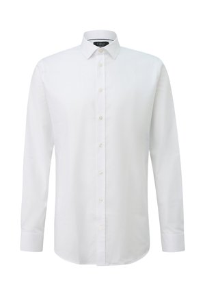 Chemise habillée pour homme à manches longues blanches avec fermeture boutonnée et col pointu, présentée sur un fond blanc.