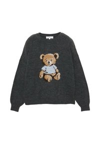 Neuleharmaa paita, jossa on pehmeä teddykarhu-sisustus ja raidallinen paita. Ylisuurta istuvuutta, ribattu pääntie ja pehmeä rakenne.