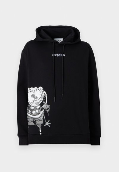 Black hoodie with a graphic of a cartoon character in gray and white. Features a front pocket and drawstring hood, made of soft fabric.