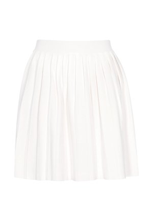 Valge plisseeritud seelik elastse vöökohtaga, millel on vertikaalsed voldid ja sile tekstuur, kujundatud kerge ja õhulise välimuse jaoks.