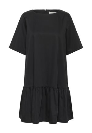 Schwarzes Kurzarmkleid aus glattem Stoff, mit rundem Ausschnitt und einem gerafften Saum für zusätzliche Textur und Designdetails.