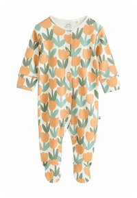 Salopetă din material ribbit cu picioare, prezentând un model cu lalele pe fundal alb, în nuanțe de portocaliu și verde, cu închidere cu butoane pe toată lungimea frontală.