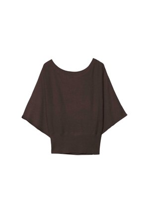 Dunkelbraunes, weitärmeliges, locker sitzendes Strickoberteil mit weitem Rundhalsausschnitt und tailliertem Bund.