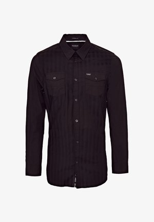 Zwart herenoverhemd met lange mouwen, knoopsluiting, puntige kraag, twee borstzakken met knopen en een subtiel verticaal streeppatroon.