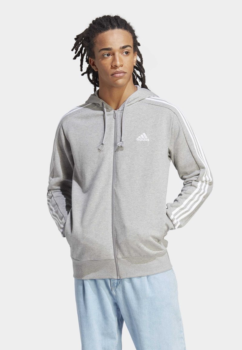 adidas Sportswear - ESSENTIALS FRENCH   STRIPES - Sweater met rits - medium grey heather   white, Vergroten