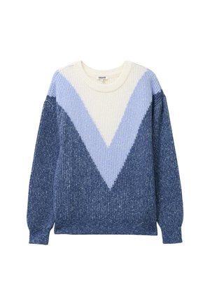 Sweter typu long sleeve z dzianiny o prążkowanej fakturze, z białym i jasnoniebieskim wzorem w zygzak na ciemnoniebieskim tle.