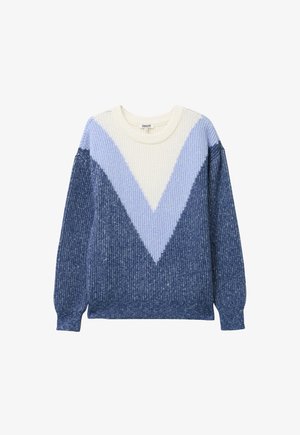 Sweter typu long sleeve z dzianiny o prążkowanej fakturze, z białym i jasnoniebieskim wzorem w zygzak na ciemnoniebieskim tle.
