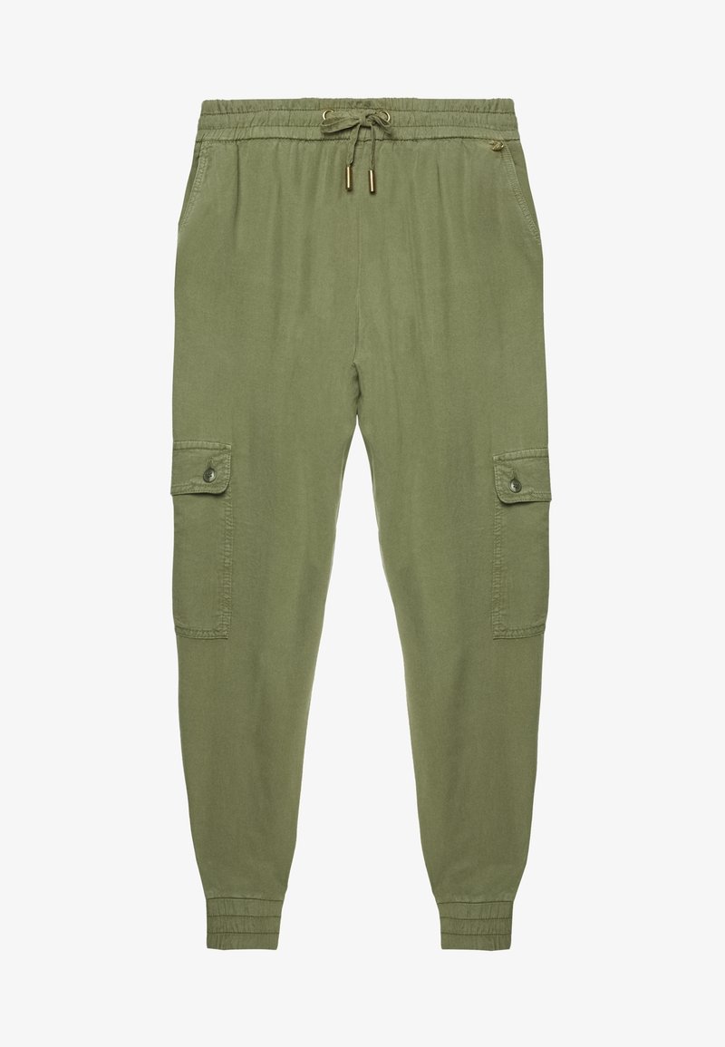 Pantaloni cargo verdi in cotone con vita elastica, cordoncino e due tasche laterali con flap a bottone. Design a gamba affusolata.