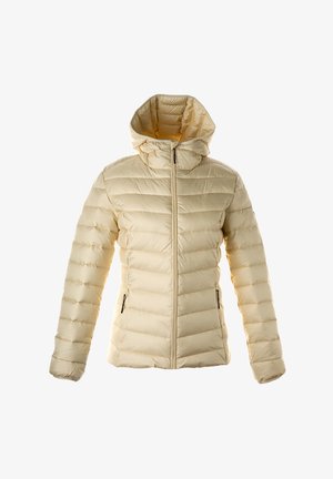 Beige gewatteerde pufferjas met rits aan de voorkant, twee ritszakken aan de zijkanten en een vaste gewatteerde capuchon.