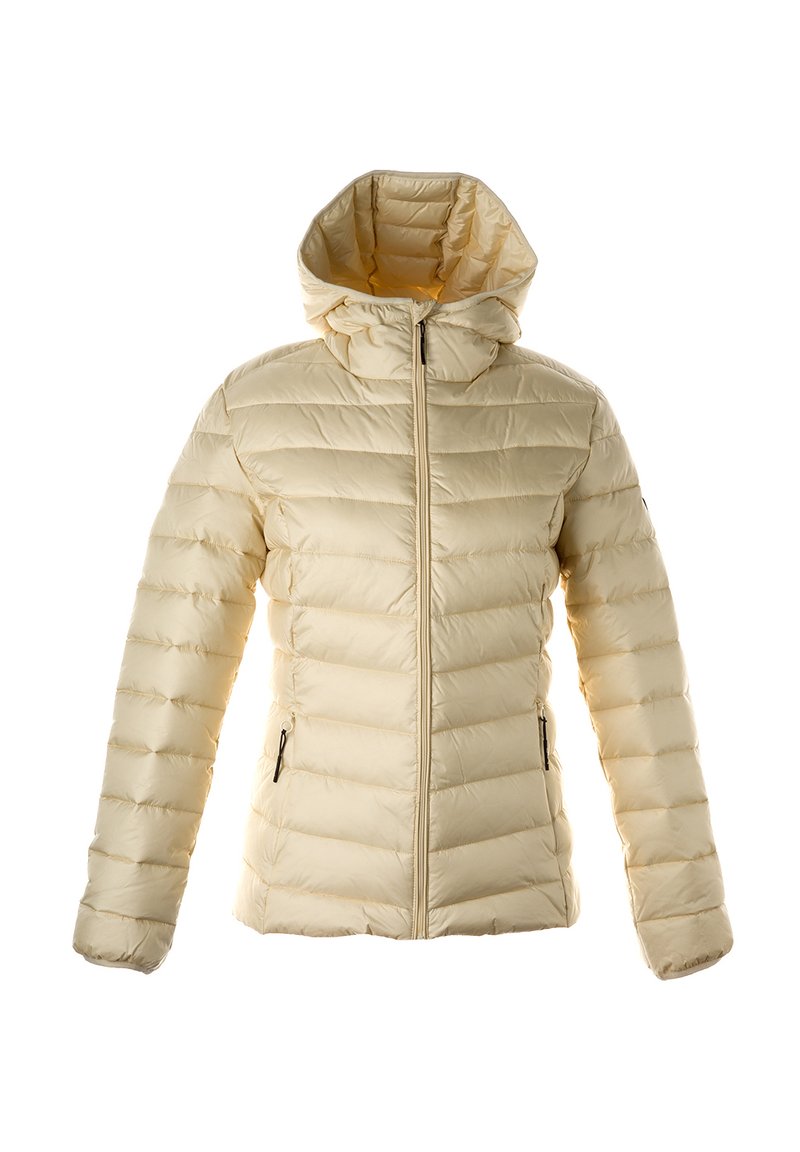 Bežinis siuvinėtas pūkų švarkas su priekiniais užtrauktukais, dviem užtrauktukais uždaromomis šoninėmis kišenėmis ir prijungta paminkštinta kapišonu.