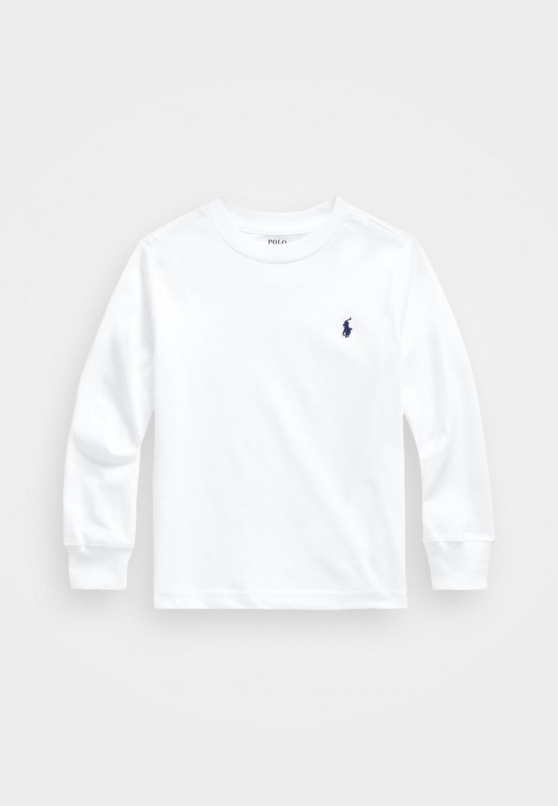 Weißes Langarmshirt aus Baumwolle mit Rundhalsausschnitt und kleinem Navy-Logo auf der linken Brust. Weiche Textur.