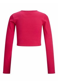 Tajtat kortärmad topp i ljusröd ribbad tyg. Rund halsringning; har en slät yta med minimal detalj.