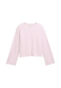 Roze geribbelde trui met lange mouwen, een ronde halslijn en een korte lengte. Heeft brede mouwen en een gestructureerde stof.