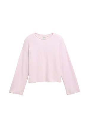 Rosa geripptes Langarmshirt mit rundem Ausschnitt und kürzeller Länge. Verfügt über weite Ärmel und einen strukturierten Stoff.