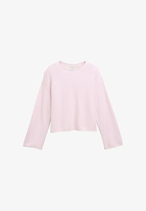Rosa geripptes Langarmshirt mit rundem Ausschnitt und kürzeller Länge. Verfügt über weite Ärmel und einen strukturierten Stoff.