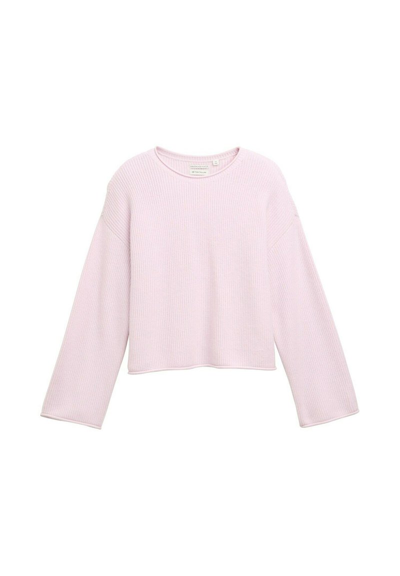 Roze geribbelde trui met lange mouwen, een ronde halslijn en een korte lengte. Heeft brede mouwen en een gestructureerde stof.