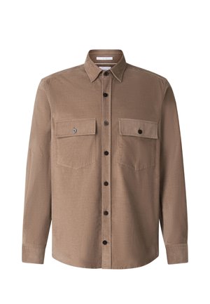 Herren-Langarmhemd in Braun mit Knopfleiste, spitzem Kragen und zwei knöpfbaren Brusttaschen.