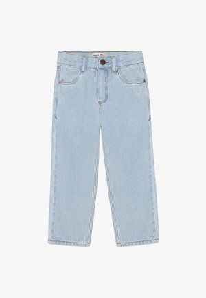 Hellblaue Jeans aus Denim mit geraden Beinen, vorderer Knopf- und Reißverschluss sowie kleiner weißer Herzstickerei in der Nähe der Vordertaschen.