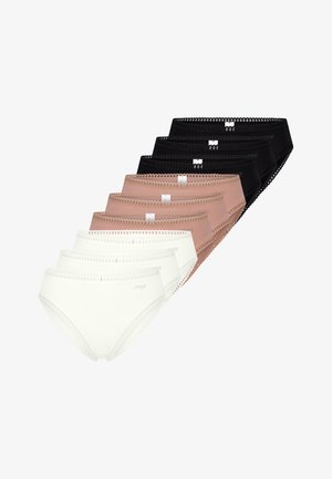 Satz von sieben Damenhöschen in verschiedenen Farben: Schwarz, Nude und Weiß, mit Spitzenbesatz und nahtlosem Design.