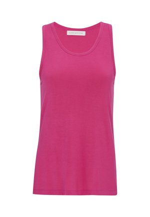 Débardeur rose vif sans manches avec un col rond et une petite étiquette à l'intérieur du col portant la mention "cyberjammies".