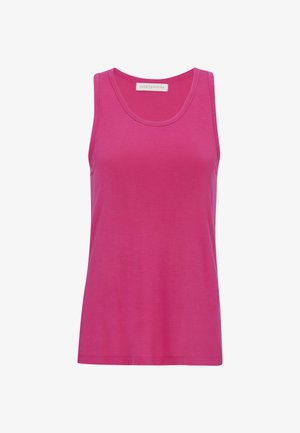 Débardeur rose vif sans manches avec un col rond et une petite étiquette à l'intérieur du col portant la mention "cyberjammies".