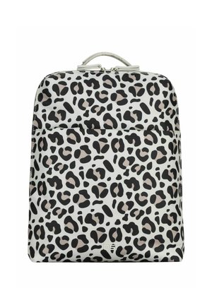 Sac à dos avec motif léopard noir et gris sur fond blanc, poignée supérieure et fermeture à glissière.