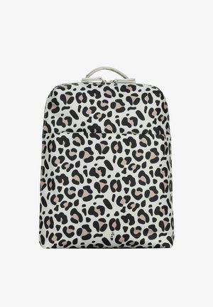 Backpack with black and gray leopard print pattern on white background, top handle, and zipper closure.