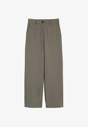 Wide-leg trousers in olive green fabric, featuring a button closure, front pockets, and a smooth, slightly textured surface.