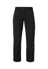 Schwarze wasserdichte Hosen mit zwei seitlichen Reißverschlusstaschen, einer glatten Textur und einem geraden Schnitt. Mit Druckknopfverschluss in der Taille.