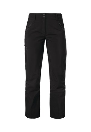 Schwarze wasserdichte Hosen mit zwei seitlichen Reißverschlusstaschen, einer glatten Textur und einem geraden Schnitt. Mit Druckknopfverschluss in der Taille.